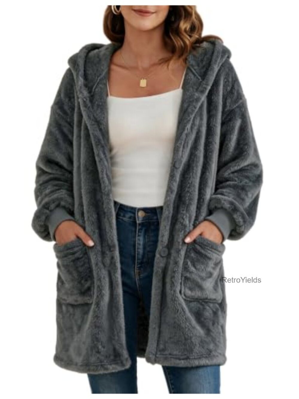 Oversized Fuzzy Fleece Hooded Cardigan Sweatshirt Jacket